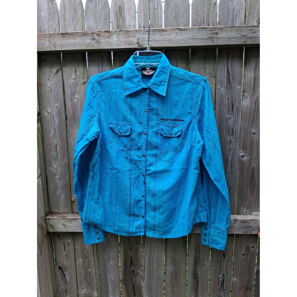 431 Harley Davidson Western Snap-Down Shirt Women's Turquoise Blue Large